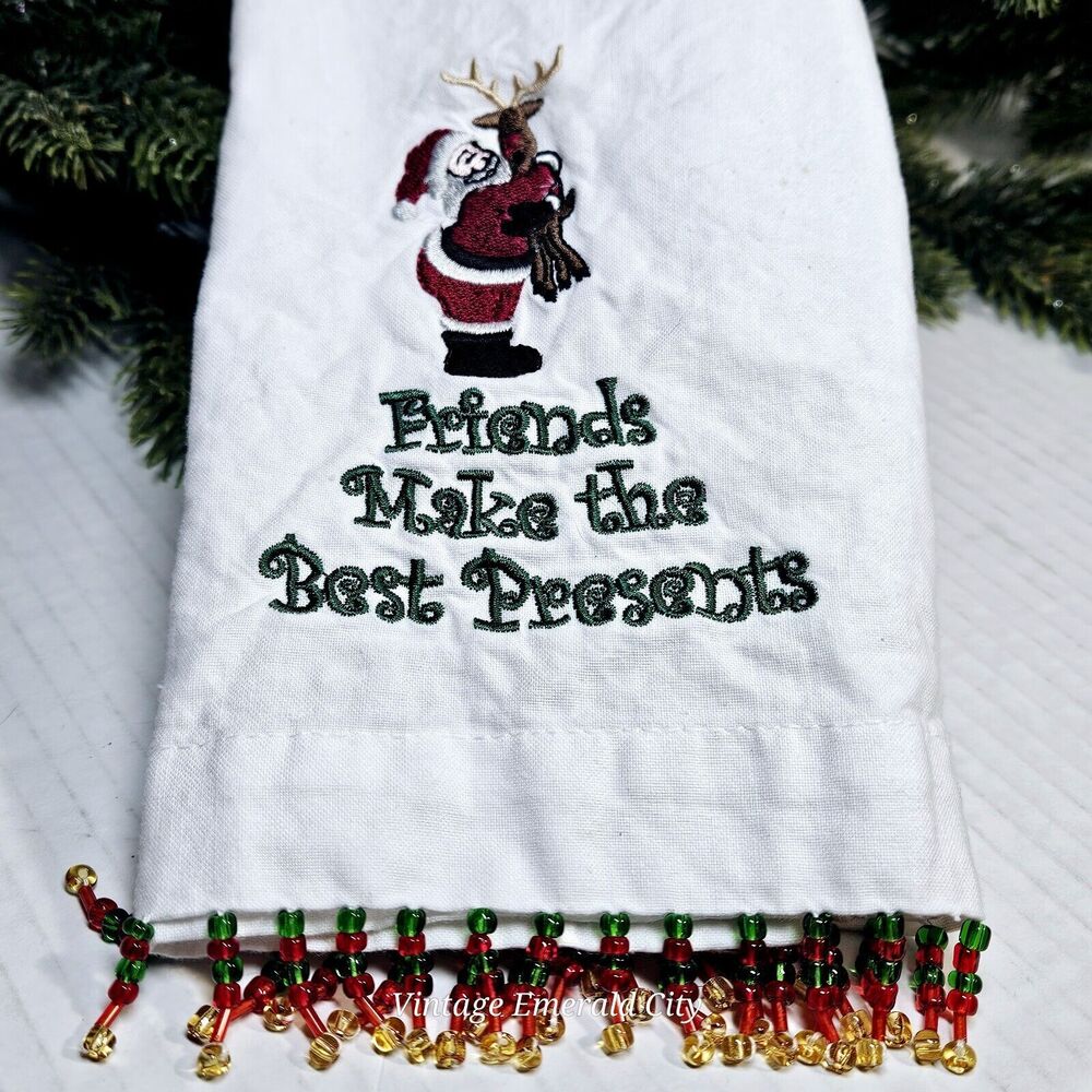 Christmas Stitched Hand Towel Friends Make The Best Presents Santa Rudolf Beaded